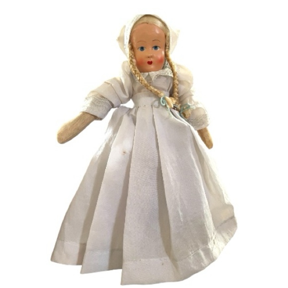 Vintage sand bag, doll with papier-mâché face, golden braids, handmade, sweet